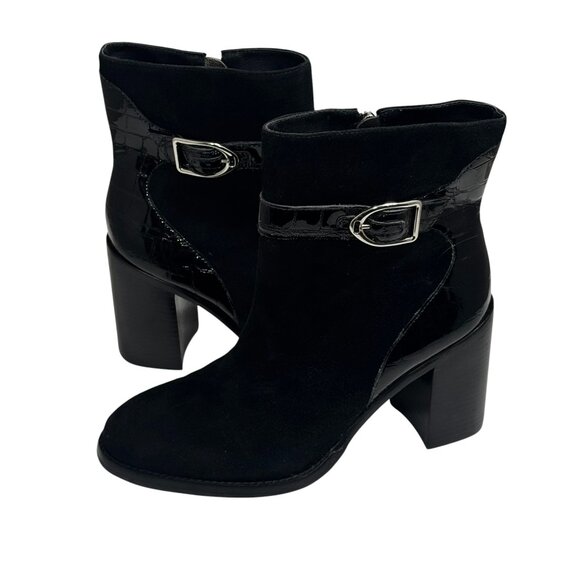 Johnston & Murphy Hope Block Heel Bootie Black Suede Leather Croc Women’s 8 NEW - Picture 3 of 8